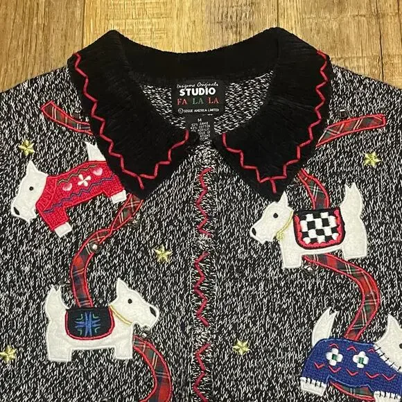 NWT Designer Originals Scottie Dog Holiday Knit Cardigan Sweater Sz M Embroidery - Picture 2 of 9
